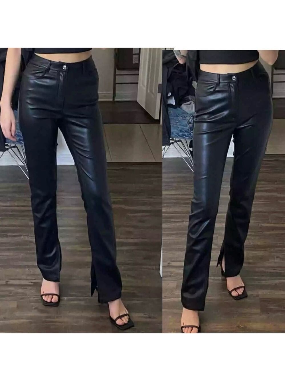 Zara Black faux leather pleather vegan high-rise pants slit ankle hem Sz 2 NWOT
